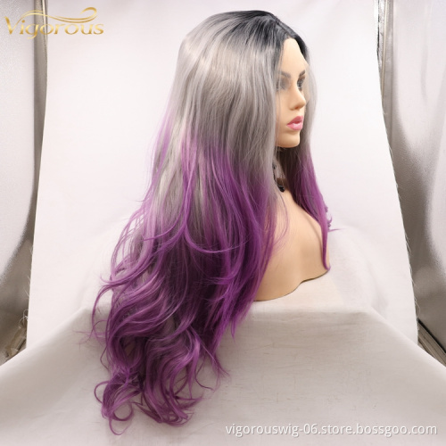 Three Tone Color 26 Inch Long Water Wavy Ombre Silver Purple Lace Front Women Curly Hair Full Wig Fibre Synthetic Cheap Price